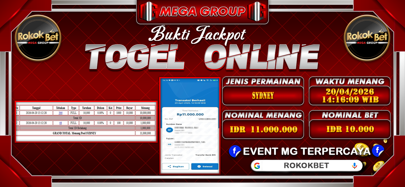 Bukti JP situs Rokokbet hari Senin, 20 April 2026